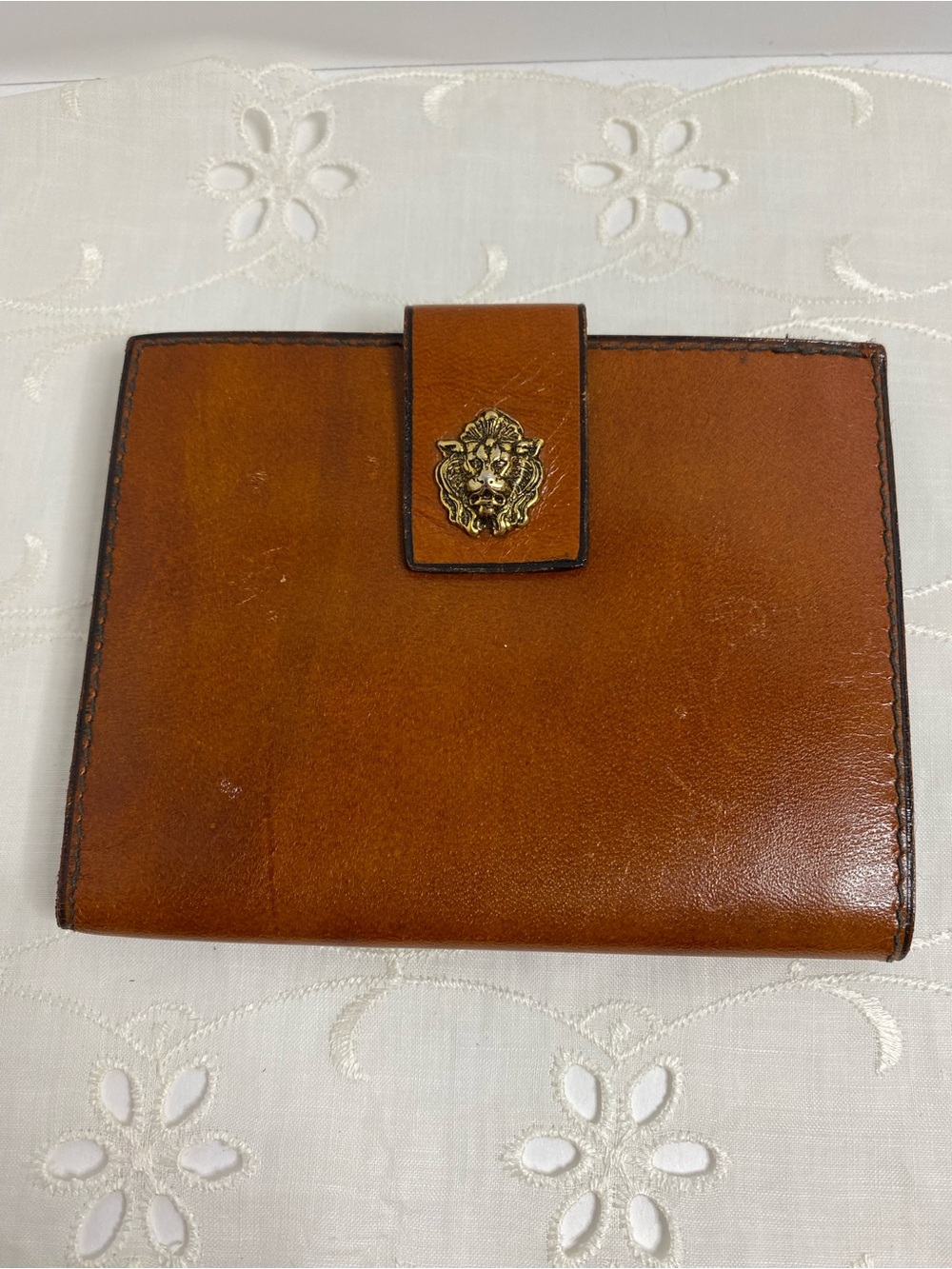Vintage Made In Italy Leather Italian Wallet Brown Lion Head Snap Closure